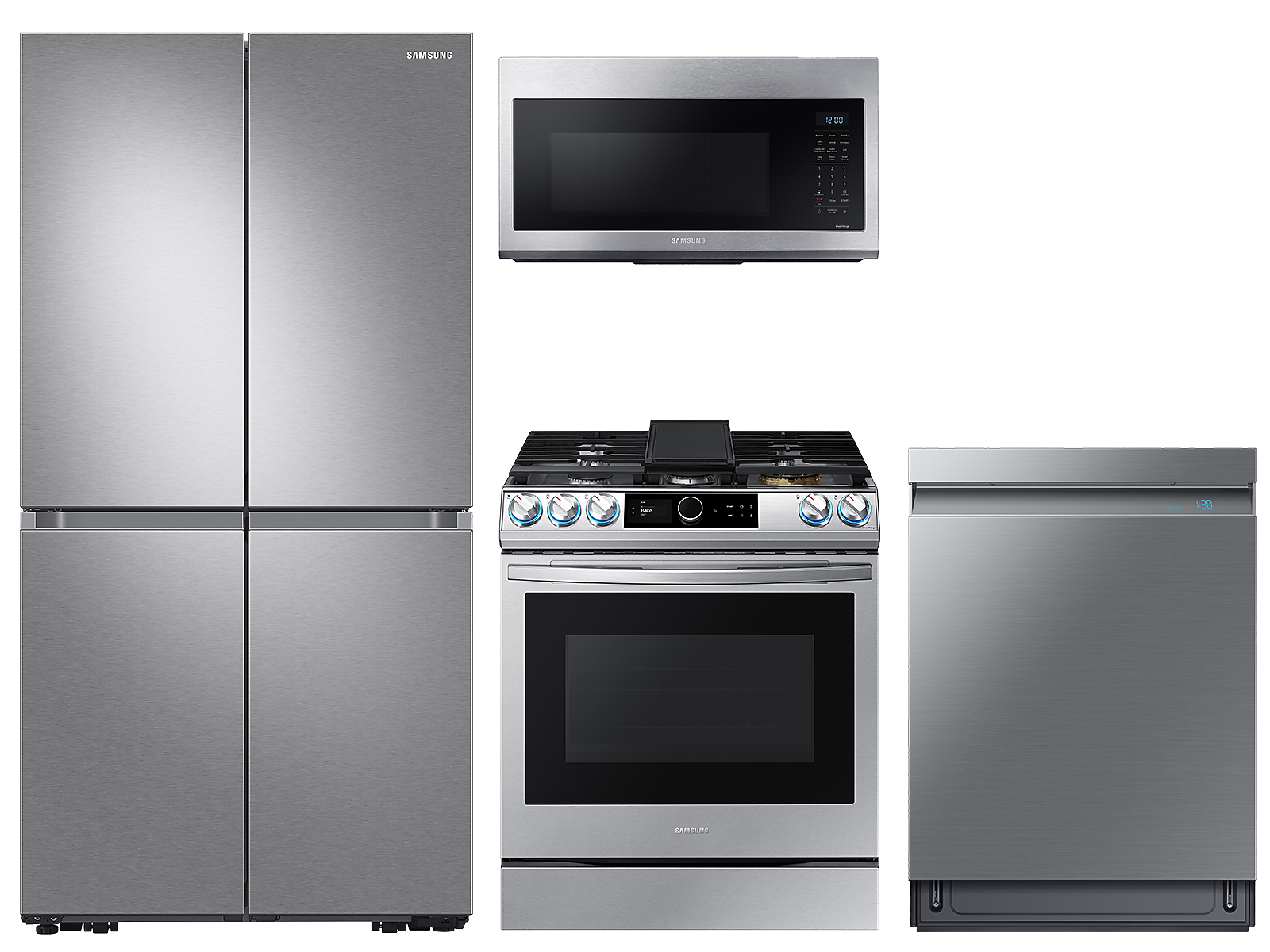 Samsung 23 cu. ft. counter depth 4-Door refrigerator, gas range, convection microwave and Smart Linear dishwasher package(BNDL-1646291344345) photo