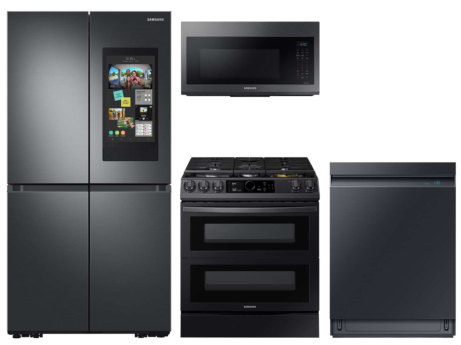 Samsung 29 cu. ft. Family Hub™ 4-Door refrigerator, gas range, convection microwave and Smart Linear dishwasher package in Black Stainless Steel