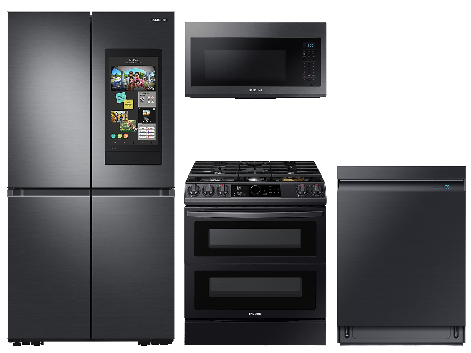 Samsung 29 cu. ft. Family Hub™ 4-Door refrigerator, gas range, convection microwave and Smart Linear dishwasher package in Black Stainless Steel photo