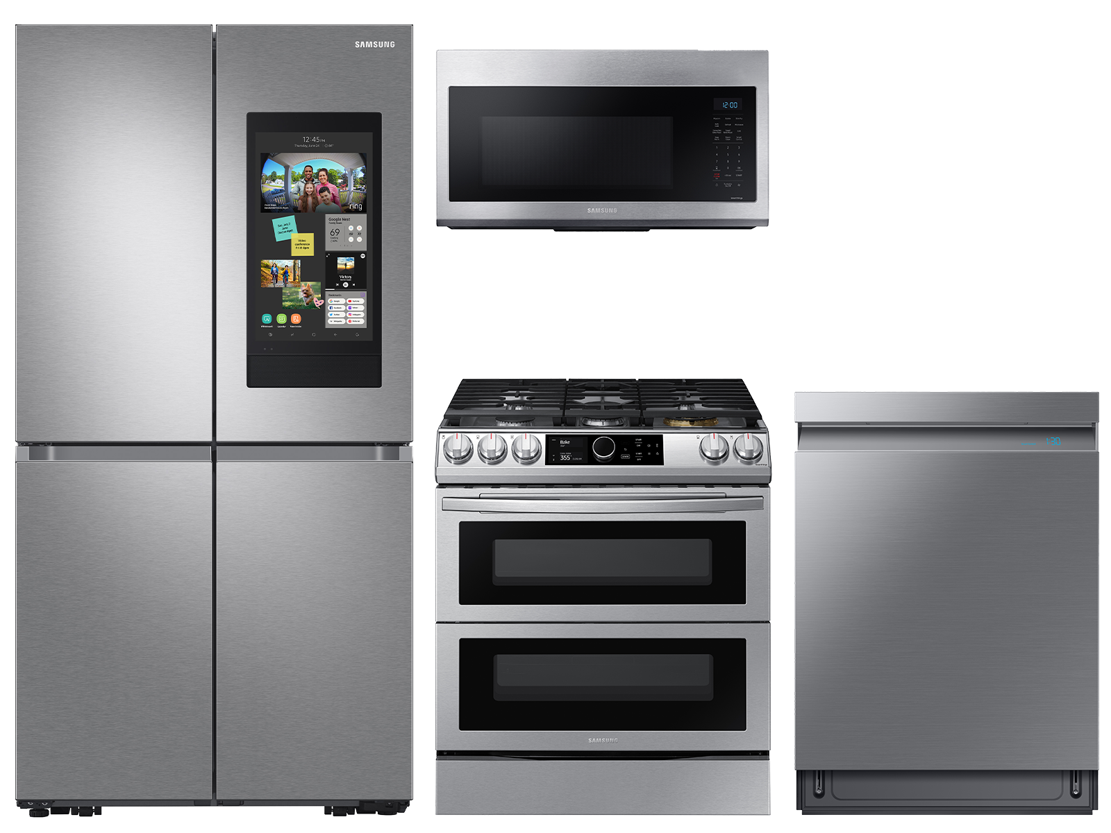 Samsung 29 cu. ft. Family Hub™ 4-Door refrigerator, gas range, convection microwave and Smart Linear dishwasher package in Stainless Steel