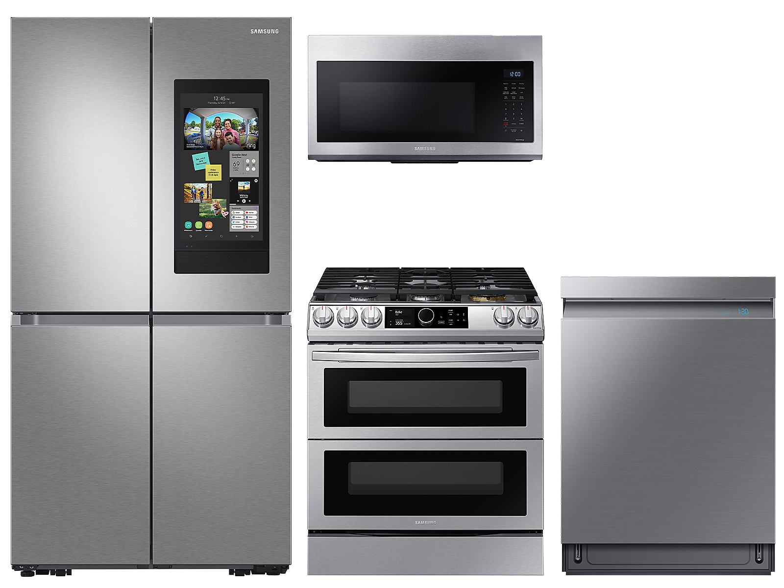 Samsung 29 cu. ft. Family Hub™ 4-Door refrigerator, gas range, convection microwave and Smart Linear dishwasher package in Stainless Steel photo