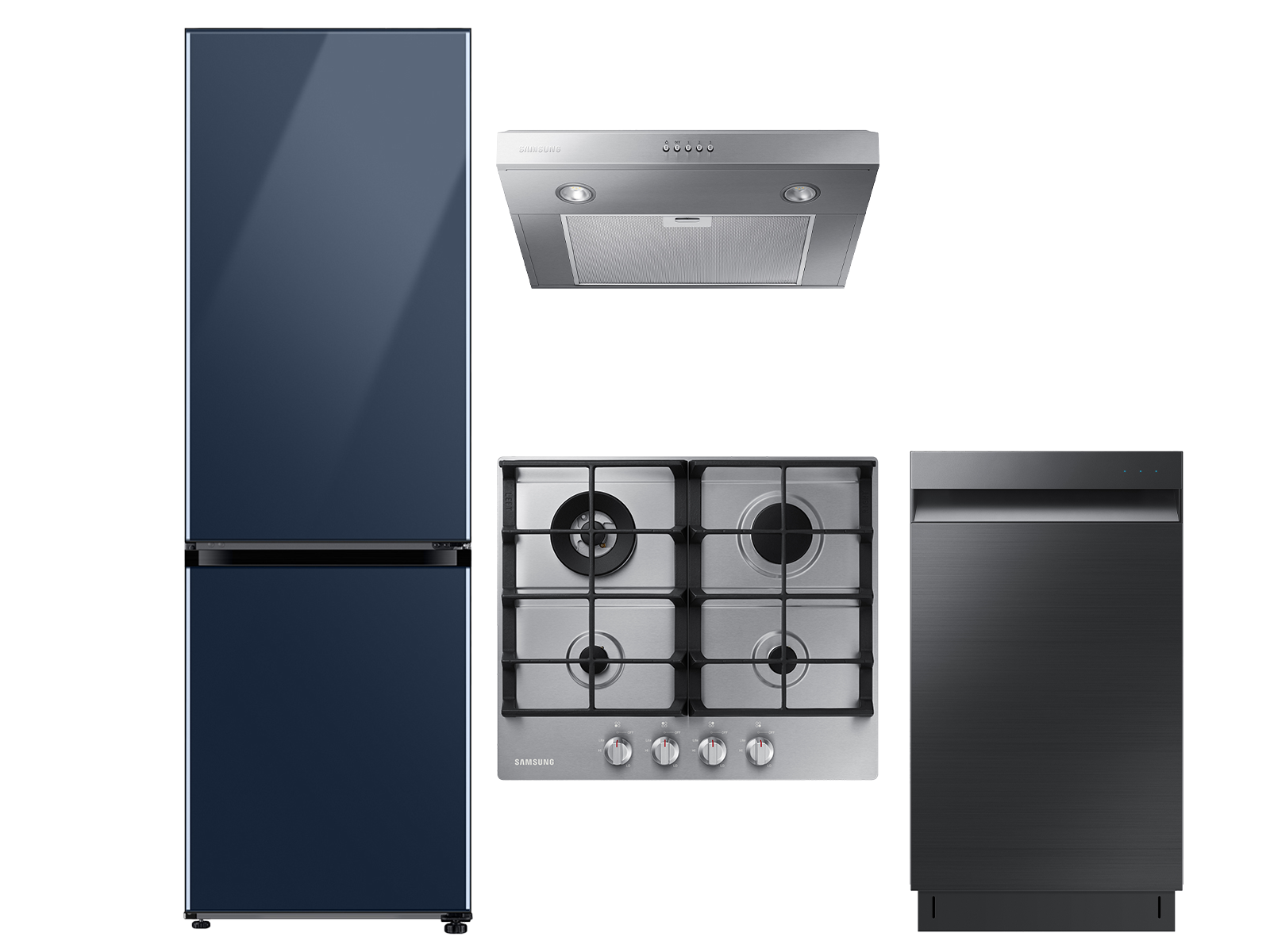 12.0 cu. ft. BESPOKE Bottom Freezer Refrigerator in Navy Glass, gas cooktop, convection microwave and Whisper Quiet dishwasher package