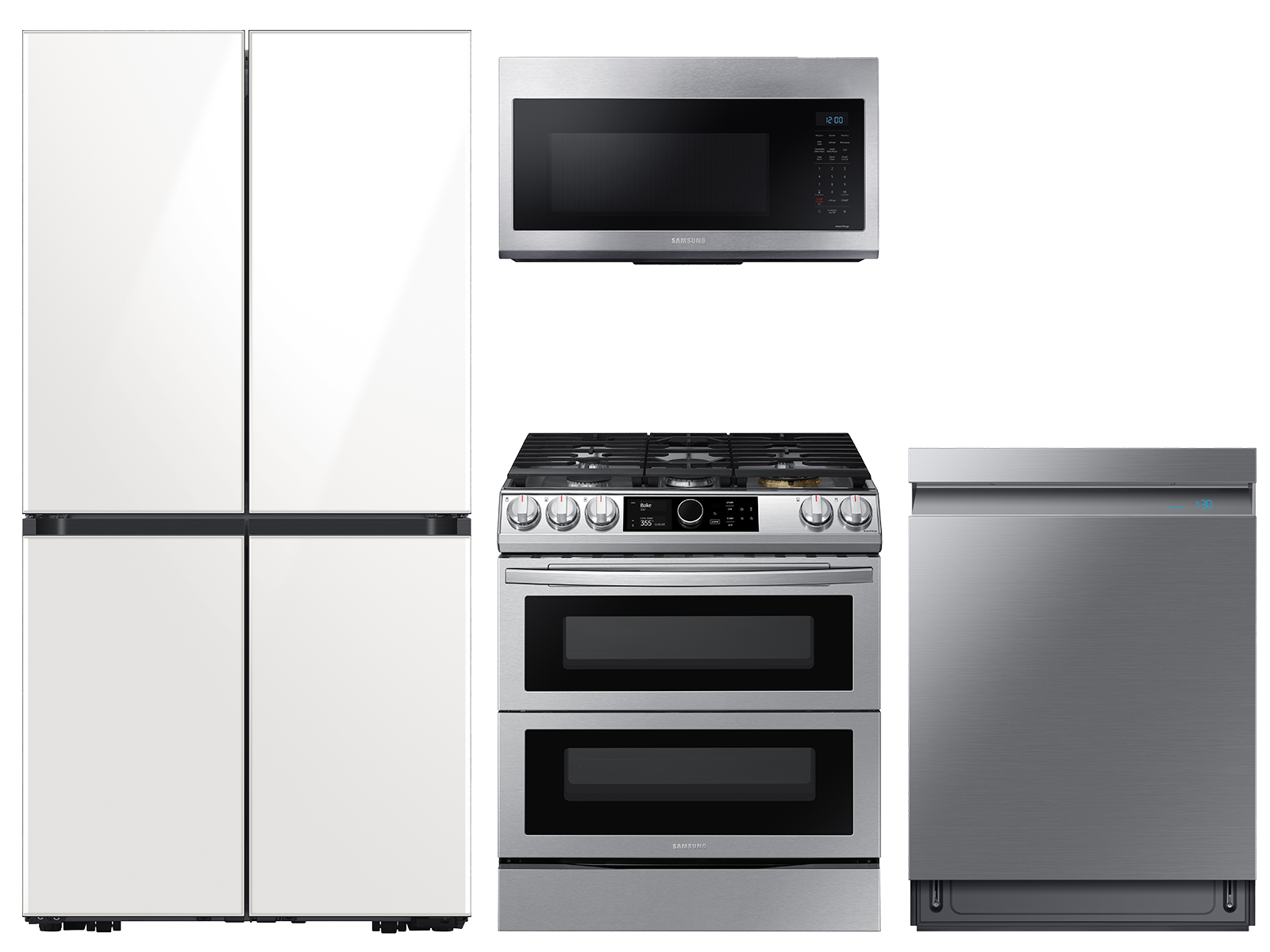 29 cu. ft. BESPOKE 4-Door Flex™ Refrigerator in White Glass, gas range, convection microwave and Smart Linear dishwasher package