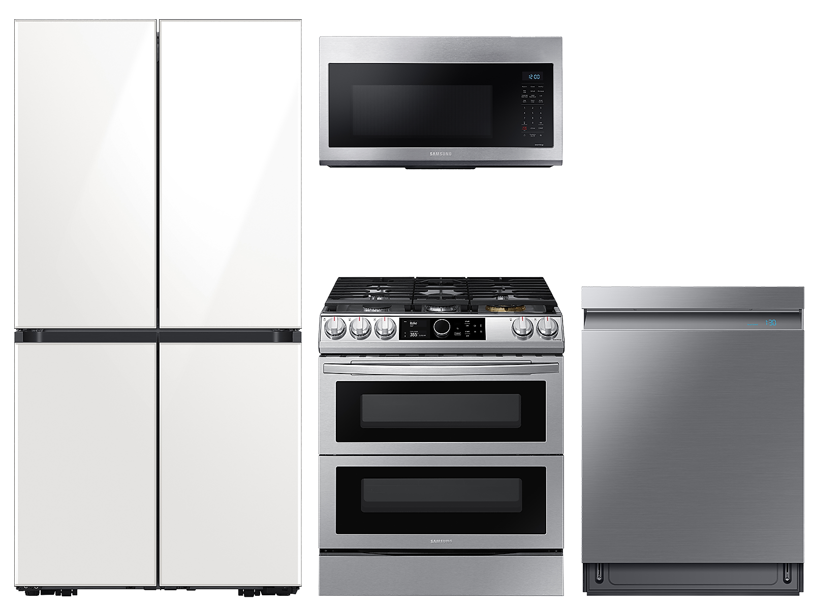 Samsung 29 cu. ft. BESPOKE 4-Door Flex™ Refrigerator in White Glass, gas range, convection microwave and Smart Linear dishwasher package