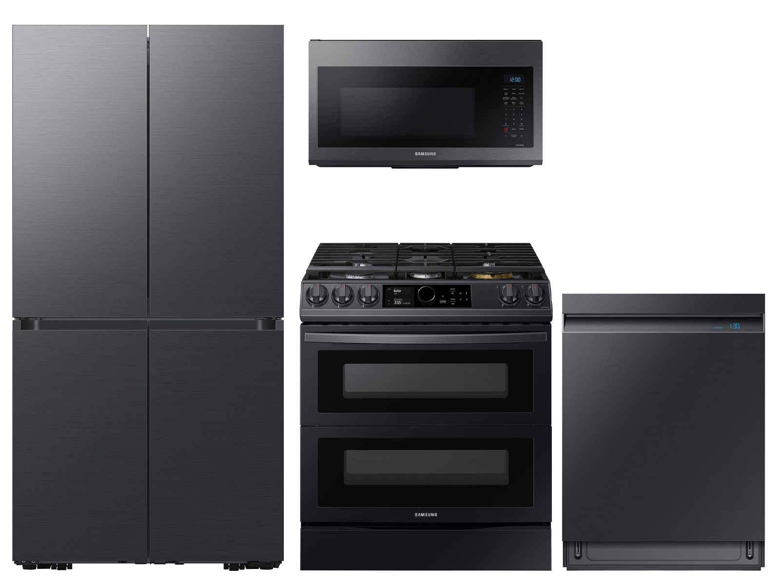 23 cu. ft. Counter Depth BESPOKE 4-Door FlexTM Refrigerator in Matte Black Steel, gas range, convection microwave and Smart Linear dishwasher package