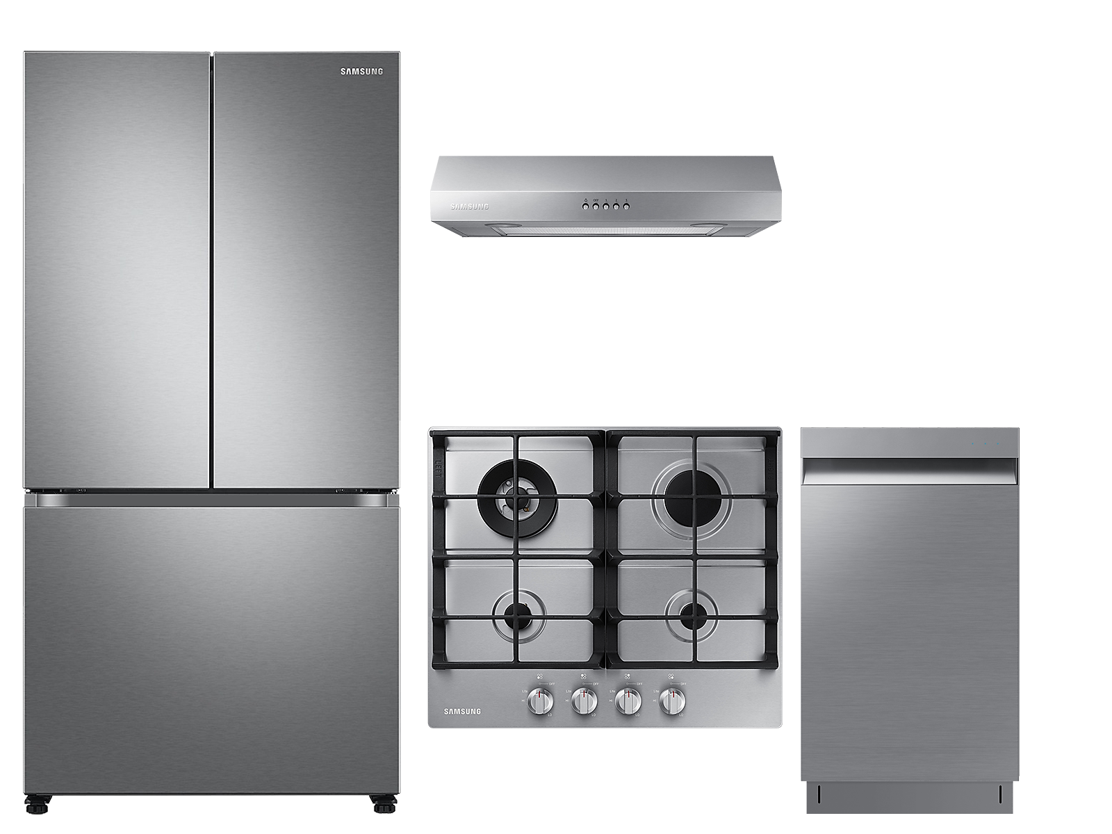 Samsung 3-Door French Door Refrigerator, gas cooktop, range hood and dishwaster small kitchen package in Stainless Steel(BNDL-1646291346728) photo