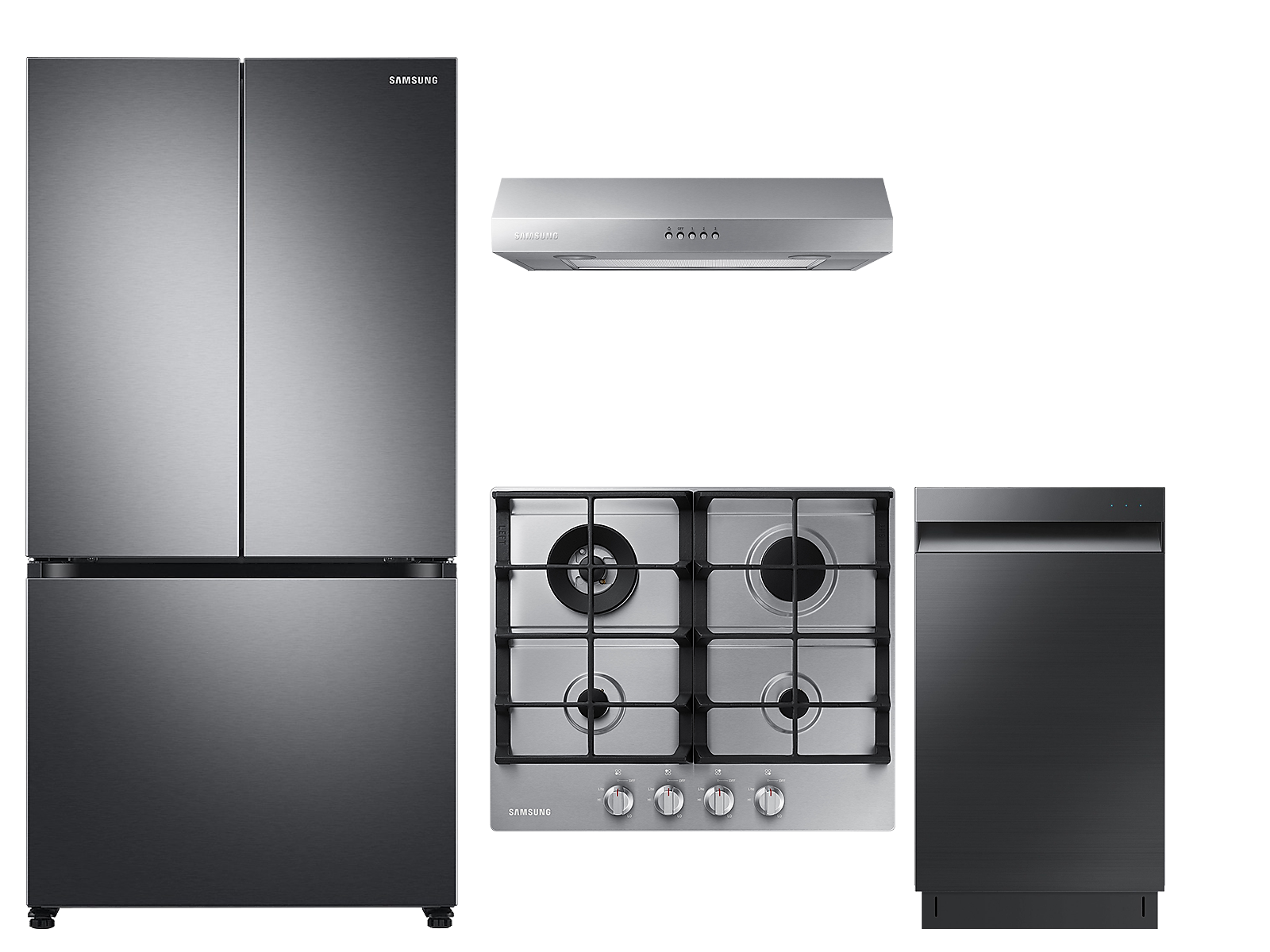 Samsung 3-Door French Door Refrigerator, gas cooktop, range hood and dishwaster small kitchen package(BNDL-1620847392253) photo