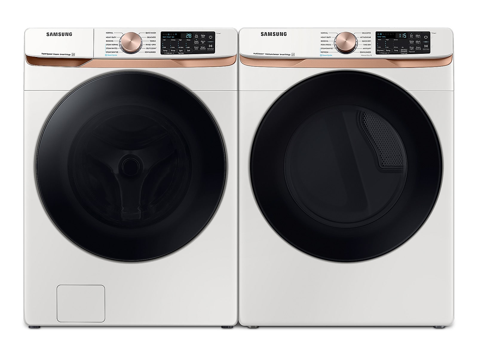 Samsung Extra Large Capacity Smart Front Load Washer with Super Speed Wash and Smart Gas Dryer with Steam Sanitize+ and Sensor Dry in Ivory
