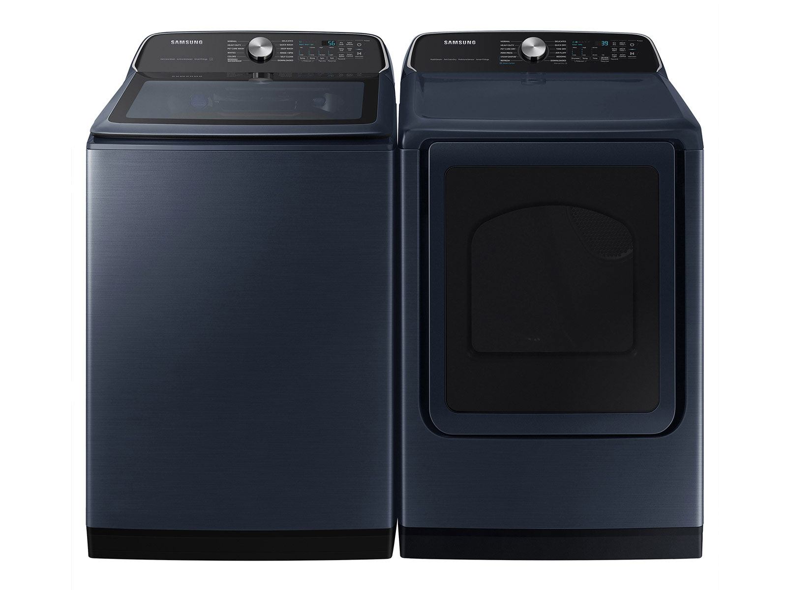 5.4 cu. ft. Smart Top Load Washer with Pet Care Solution and Super Speed Wash and 7.4 cu. ft. Smart Electric Dryer with Pet Care Dry and Steam Sanitize+ in Brushed Navy