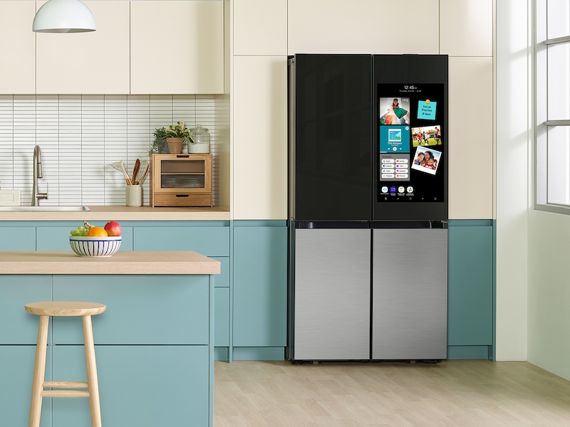 BESPOKE 4-Door French Door Refrigerator (29 Cu. ft.) – with Top Left and Family Hub Panel in Charcoal Glass - and Matte Black Steel Middle and Bottom