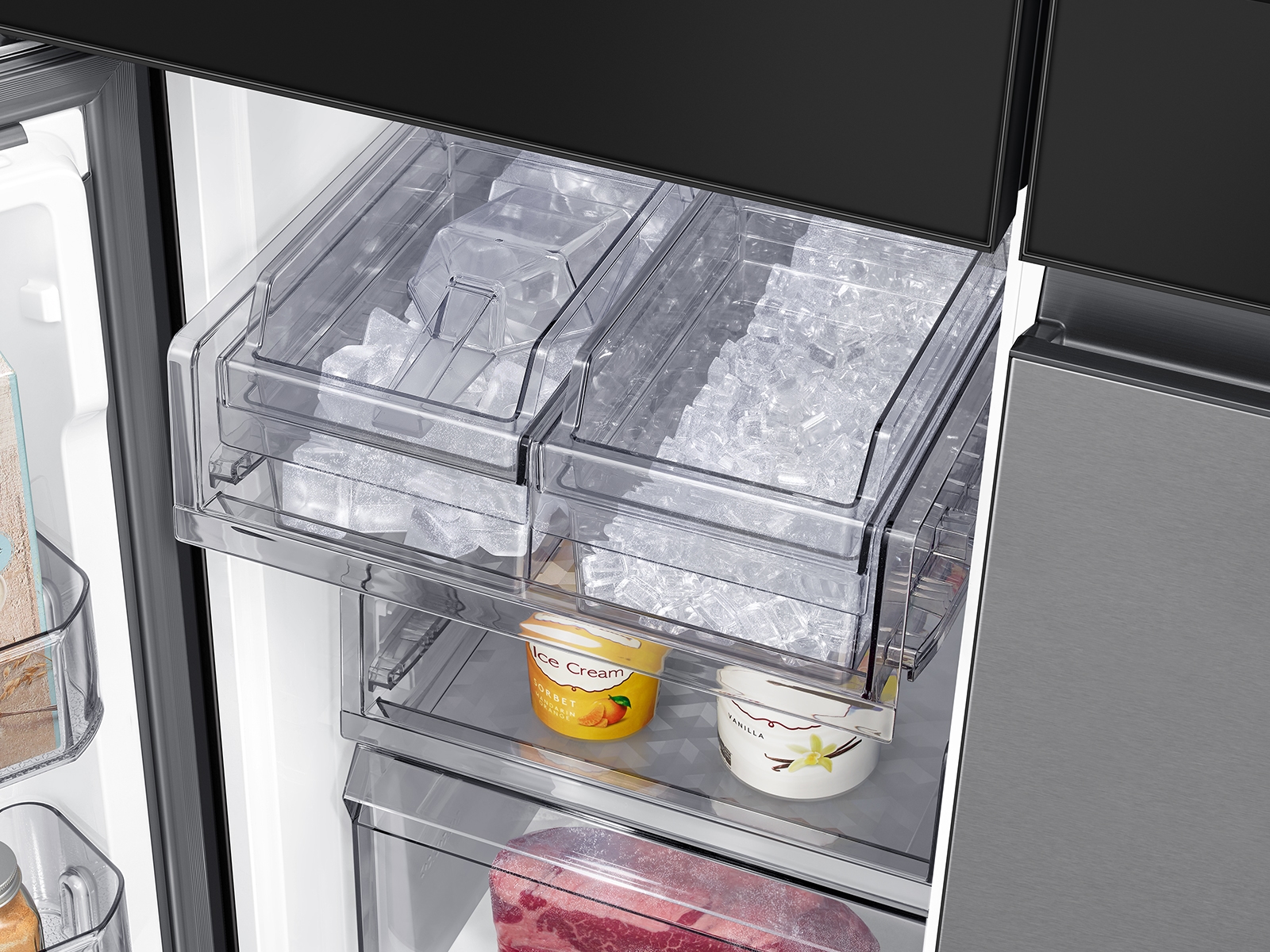 Thumbnail image of Bespoke 4-Door Flex™ Refrigerator (29 cu. ft.) with Family Hub™+ in Charcoal Glass Top and Stainless Steel Bottom Panels