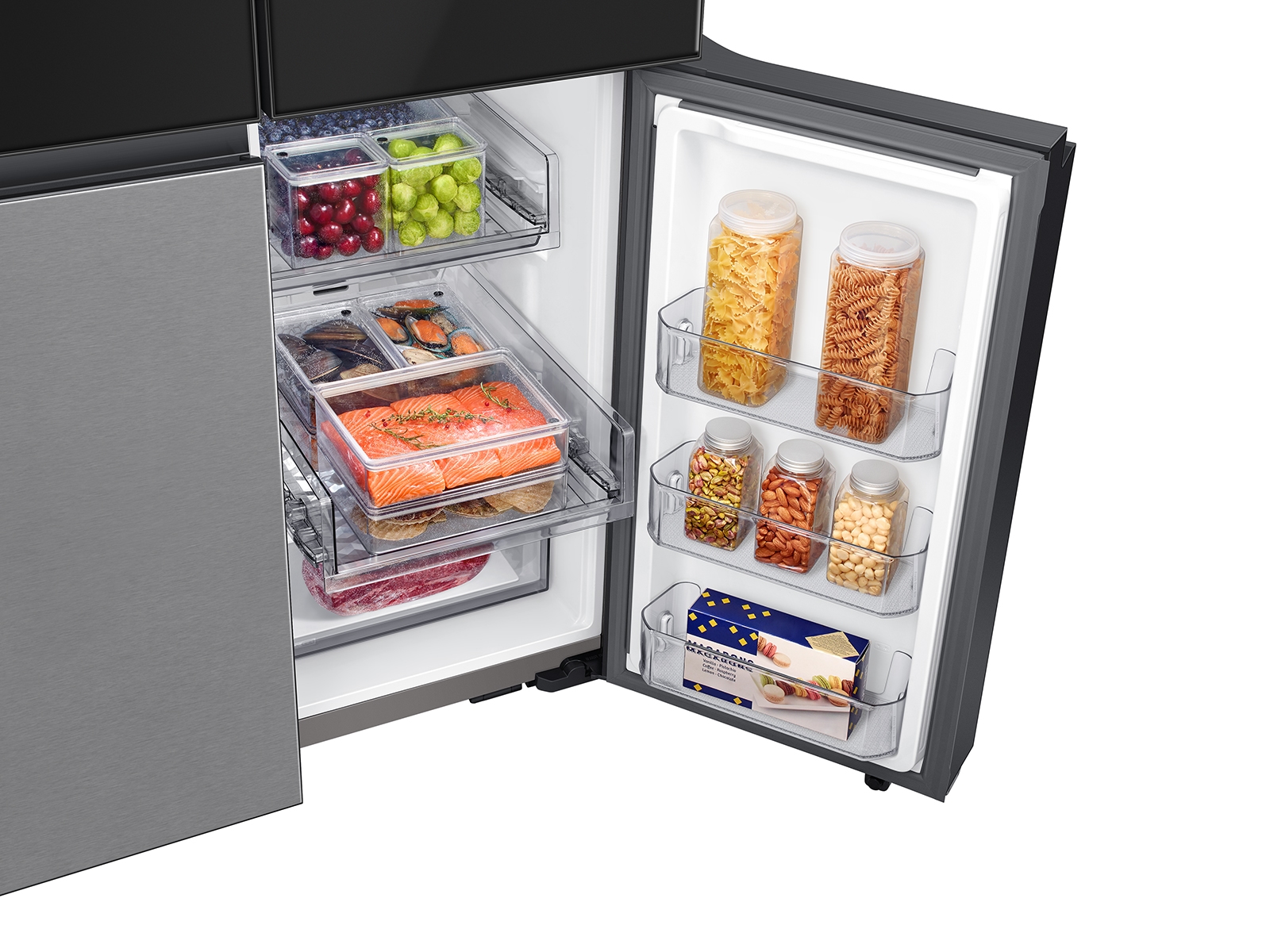 Thumbnail image of Bespoke 4-Door Flex&trade; Refrigerator (29 cu. ft.) with Family Hub&trade;+ in Charcoal Glass Top and Stainless Steel Bottom Panels