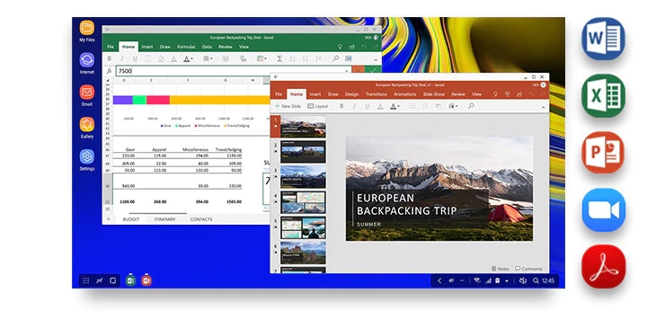 DeX interface with a Microsoft Excel spreadsheet and Microsoft PowerPoint presentation shown onscreen. Five icons show different productivity applications you can use in DeX mode: Microsoft Word, Microsoft Excel, Microsoft PowerPoint, Zoom Cloud Meetings, and Adobe Acrobat Reader.