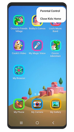 Simulated image of the Kids Home screen showing that you can tap the top-right icon to adjust Parental control.