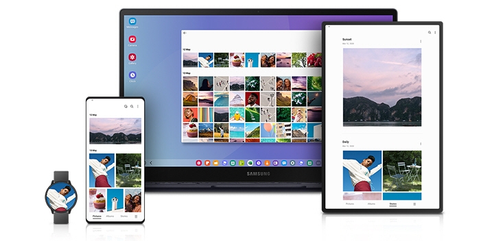 A Galaxy smartphone, tablet, watch and a Samsung PC all show the Gallery app opened with  UI design optimized to each device display.