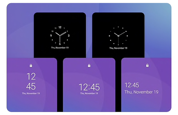 Five Galaxy screens show various options for the lock screen, with time and date displayed in different formats.