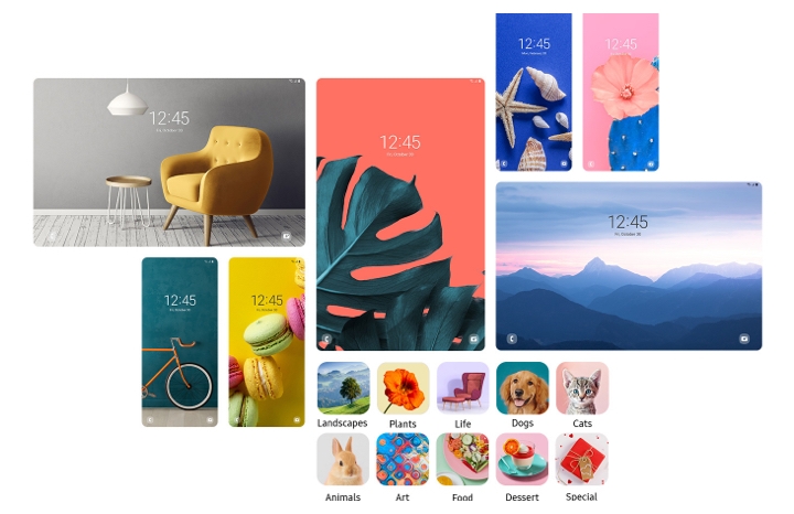 Various Galaxy device lock screens show different images from different themes, with icons showing categories of images.