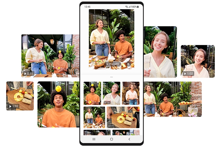 A Galaxy screen shows the Single Take mode camera function, surrounded by various photos and videos all captured by one shot.