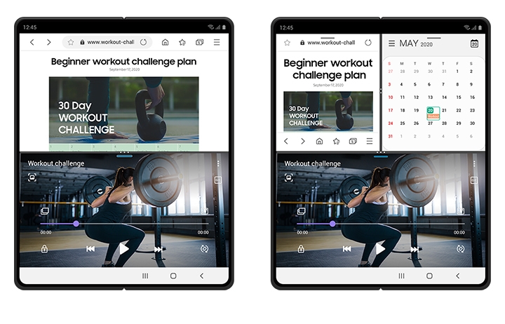 2 Galaxy Z Fold2 devices show the multitasking feature with 2-way and 3-way split-screens showing a workout video and plan.