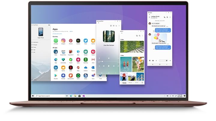 A laptop screen shows a Galaxy phone app menu, photos, and messages, connected via the Link to Windows feature.