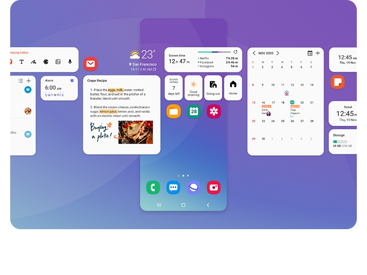 Various features of One UI Home are overlaid on a Galaxy home screen, including icons and widgets for calendar and mail apps.