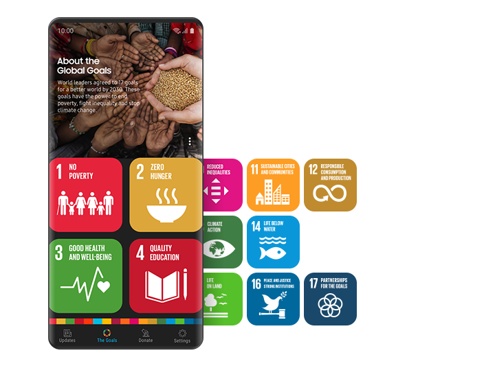 In the Samsung Global Goals home screen colorful tiles with conceptual symbols represent each of the 17 goals. The app provides users information about the sustainable development goals. 