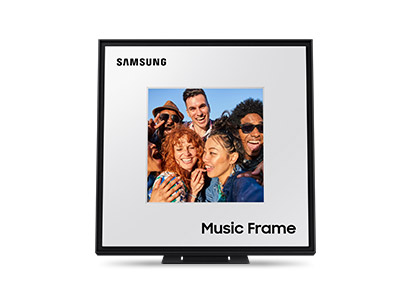 A Samsung TV and two Samsung Music Frames are displayed on a white wall.