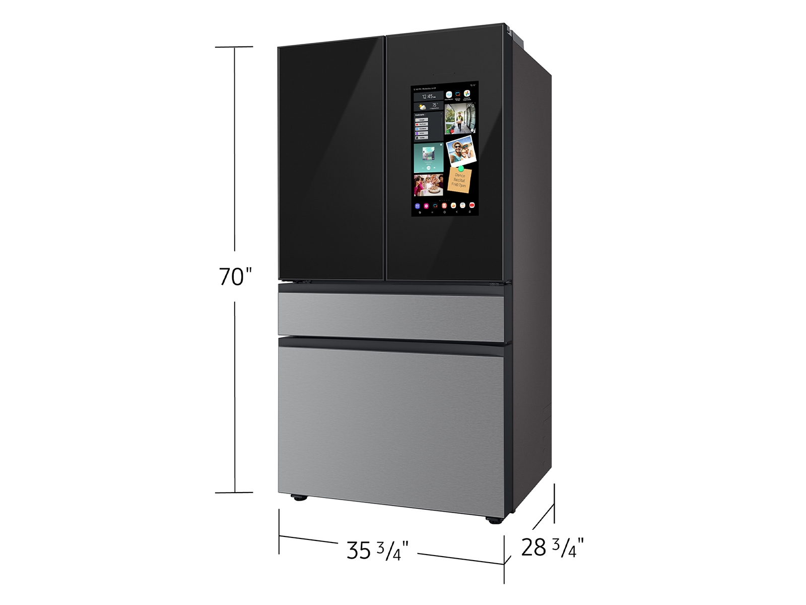 Thumbnail image of Bespoke 4-Door French Door Refrigerator (29 cu. ft.) - in Charcoal Glass Top and Family Hub™ Panels with Stainless Steel Middle and Bottom Panels