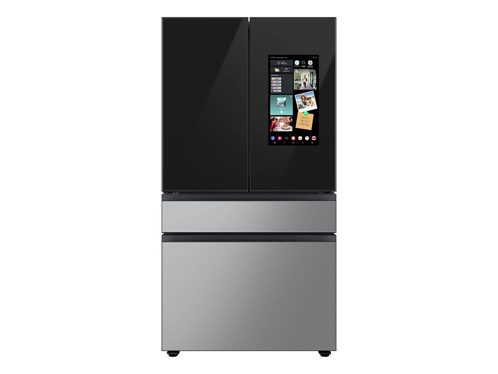 Thumbnail image of Bespoke Counter Depth 4-Door French Door Refrigerator (23 cu. ft.) - in Charcoal Glass Top and Family Hub™ Panels with Stainless Steel Middle and Bottom Panels