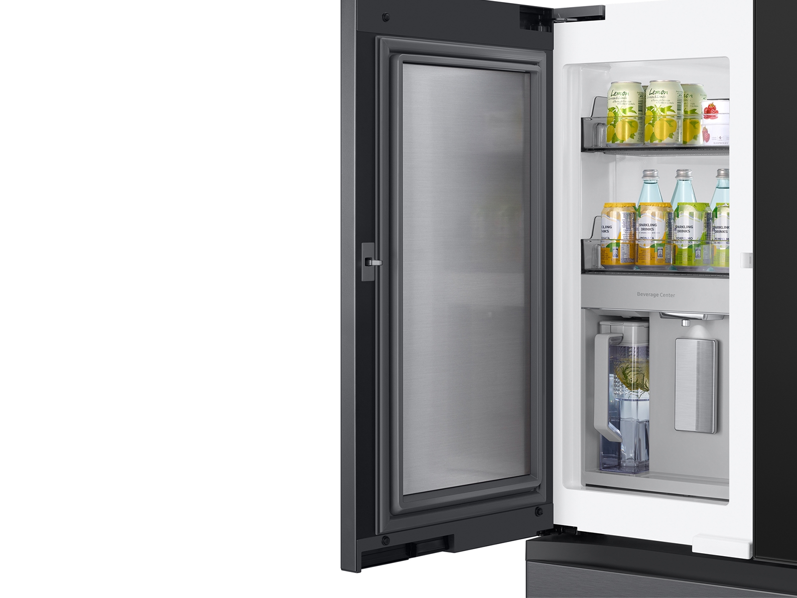 Thumbnail image of Bespoke 4-Door French Door Refrigerator (29 cu. ft.) - in Charcoal Glass Top and Family Hub™ Panels with Stainless Steel Middle and Bottom Panels