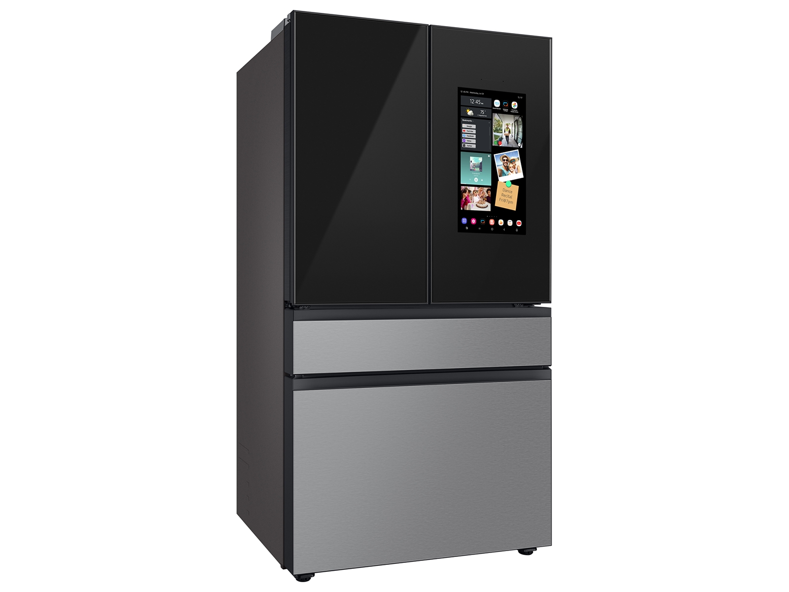 Thumbnail image of Bespoke Counter Depth 4-Door French Door Refrigerator (23 cu. ft.) - in Charcoal Glass Top and Family Hub™ Panels with Stainless Steel Middle and Bottom Panels