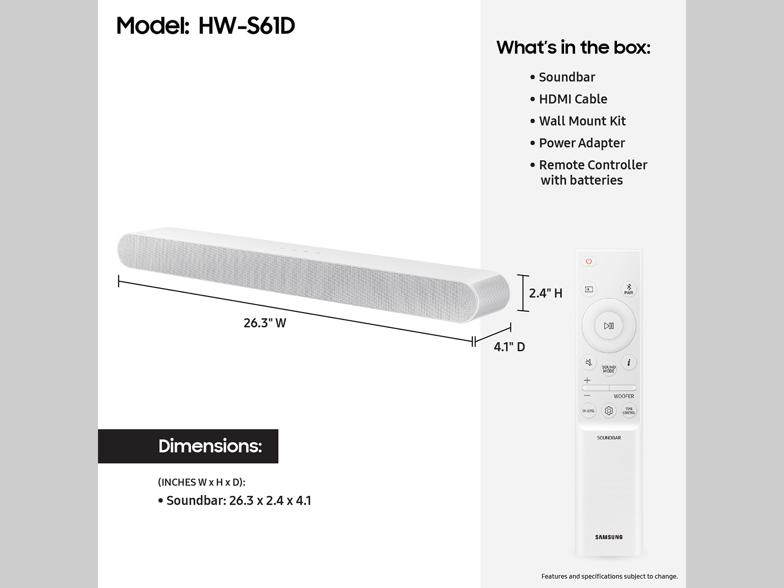 S-series All-in-one 5.0ch. Wireless Dolby ATMOS Soundbar w/ Q-Symphony / HW-S61D