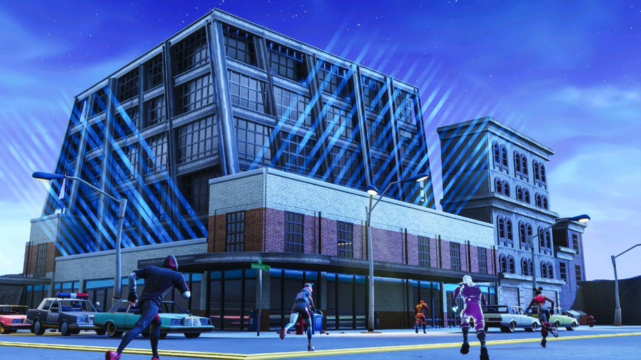 In-game shot of Fortnite players running towards Samsung 837 in the new Creative island