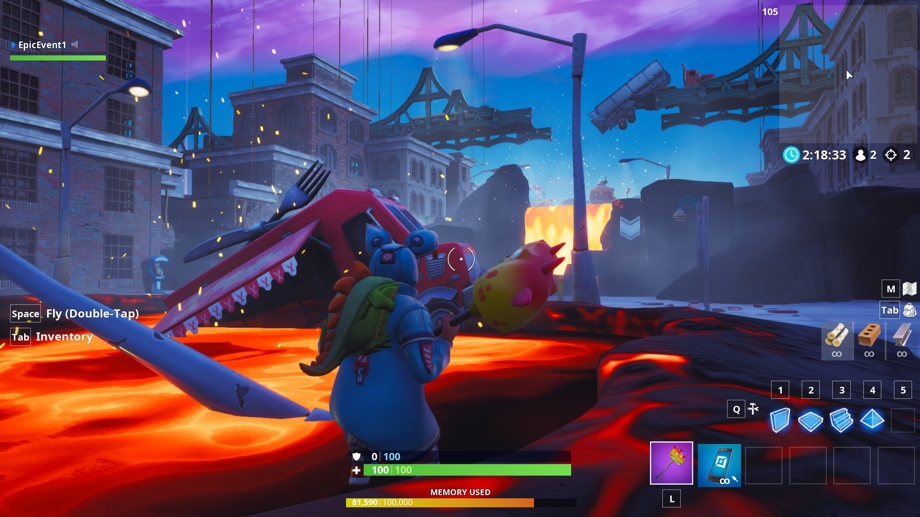 In-game shot of a players trekking through a river of lava in the new Fortnite Creative island