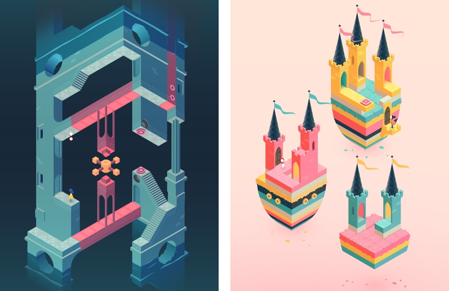 Two images side by side with the left one showing a character navigating the magical architecture of the game and the right showing the stunning worlds where this all takes place