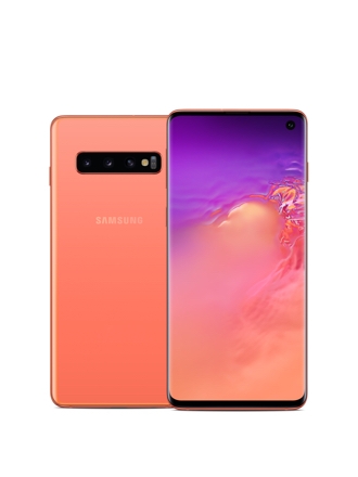 Back of a prism white Galaxy S10+ phone, with the front of a black Galaxy S10+ phone slightly overlaying on top