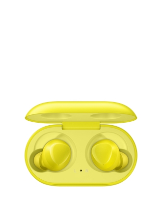 A product shot of a pair of yellow Galaxy Buds in their case 