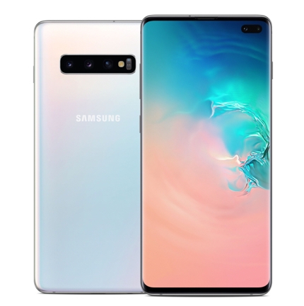 A Samsung Galaxy S10+ seen from the front and the back.