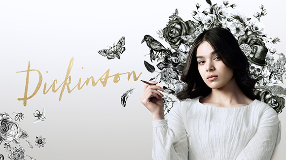 A promo shot for the new Apple TV+ orginal show, Dickinson. The image features the main character Hailee Steinfield against a white background with the show's name and intricate designs on it. She is holding a pen, implying that she drew the artwork.