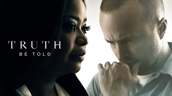 A promo shot for  the new Apple TV+ orginal show, Truth Be Told. The image features a silhouette of Octavia Spencer to the left with the show name overlayed on her face. Aaron Paul is to the right of the shot, he looks deep in thought.