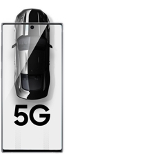 A black outline of a Galaxy Note10 phone with letters "5G" across the center of the screen. A black and white figure of a sportscar is transposed on the screen vertically with the hood of the car sticking out from the top of the outline.