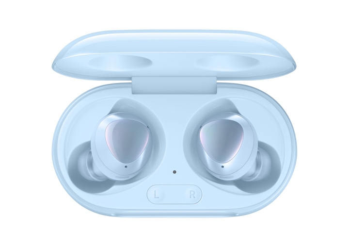 A pair of white Galaxy Buds+ inside their charging case