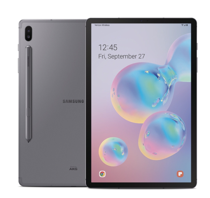 A front and rearview shot of a grey Galaxy TabS6 with its S Pen attached to the back