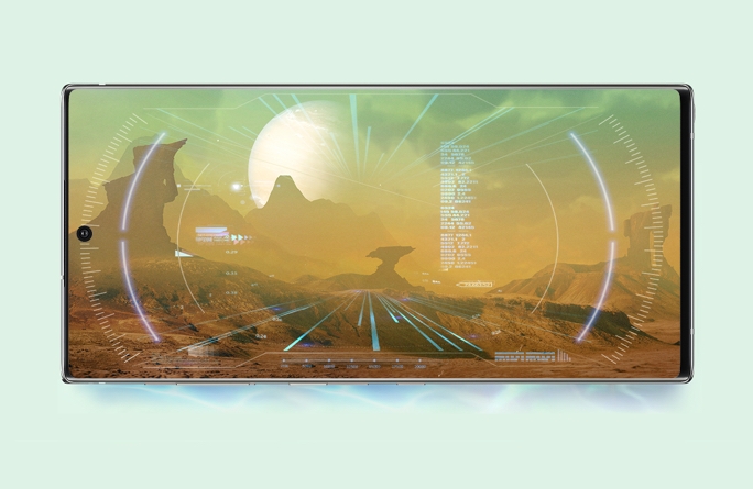 A in-display capture of a futuristic VR head-up design over a view from the surface of a rocky moon orbiting a gas-giant exoplanet. The capture is shown on a Galaxy Note10 phone in landscape mode.