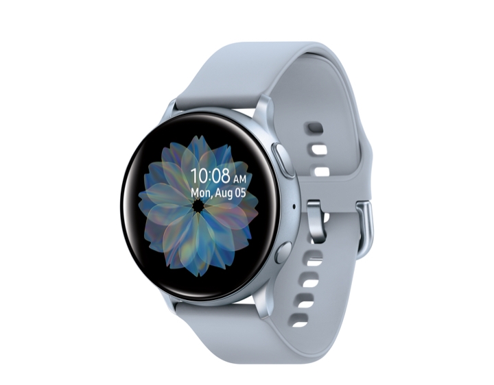 Product shot of a Galaxy Watch Active2 , the time on the watch's face says 10:08am and the date says Mon, Aug 05 