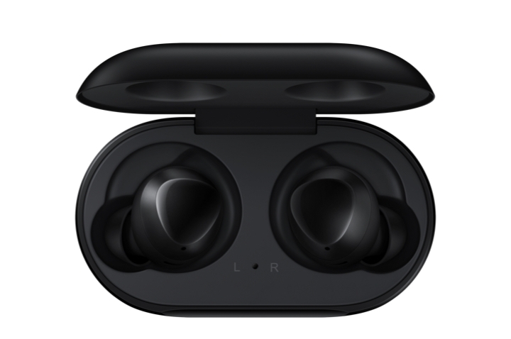 A pair of black Galaxy Buds in a black case