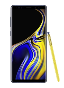 A front-facing black Samsung Galaxy Note9 smartphone with an adjacent S Pen tool