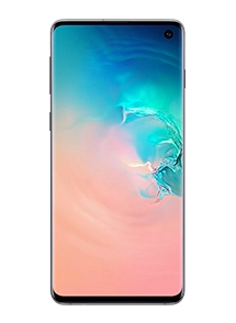 Rearview of a white Galaxy S10 smartphone alongside a front-facing black Galaxy S10 smartphone