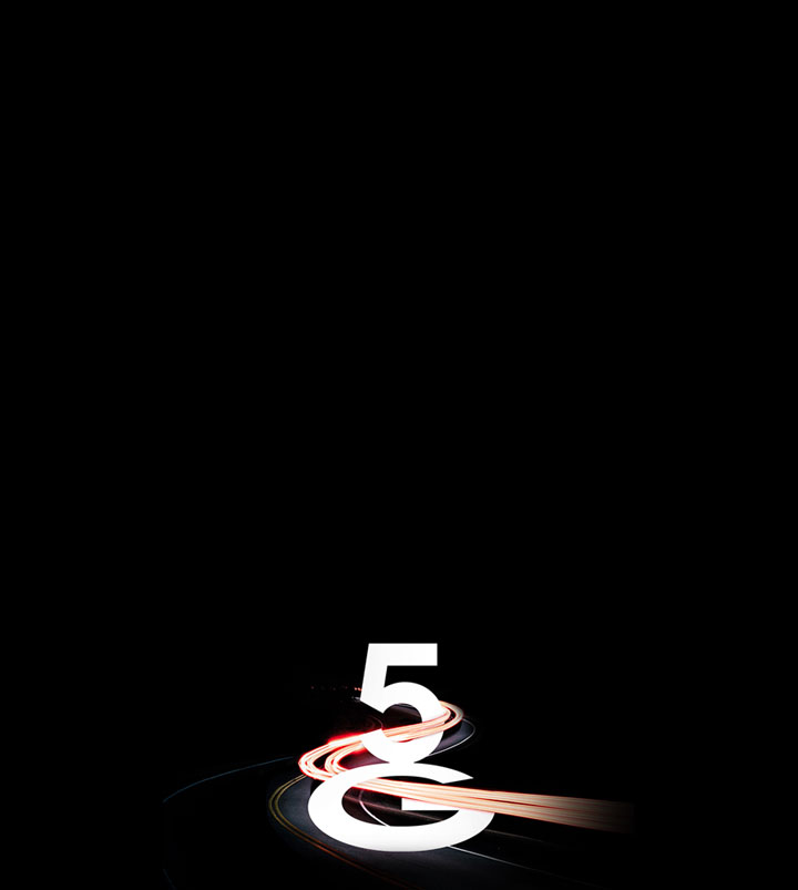 5G in large bold font, with the 5 standing straight up and the G leaning back. Woven through the type is light trails, signifying how fast 5G speeds are.