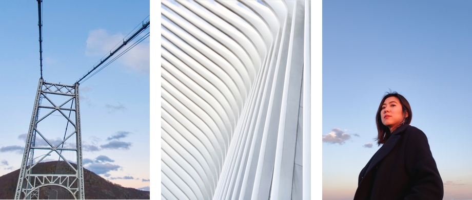 A sky photography shot featuring a bridge, architectural details of The Oculus building in New York City, sunset photography portrait of woman 